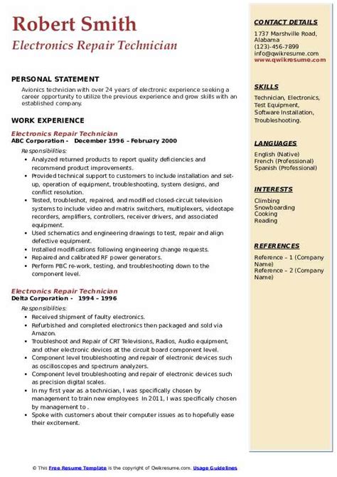 Electronics Repair Technician Resume Samples.